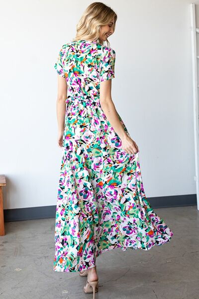 First Love Slit Printed Surplice Tie Waist Short Sleeve Dress *