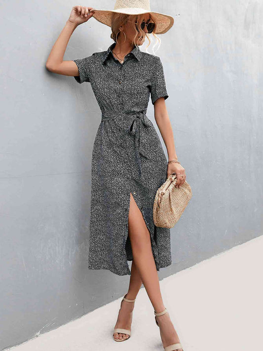 Black Printed Tie Waist Short Sleeve Shirt Dress