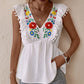 Embroidered Pom-Pom Trim Cap Sleeve Babydoll Top