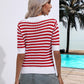 Striped Johnny Collar Half Sleeve Knit Top
