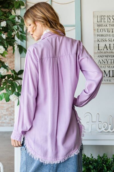 Veveret Raw Hem Button Up Long Sleeve Shirt *