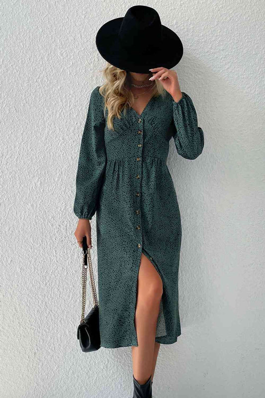 Green Printed Button Down V-Neck Midi Dress