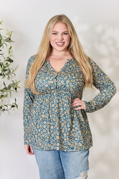 Heimish Full Size Floral Half Button Long Sleeve Blouse *