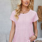 Eyelet Round Neck Rolled Short Sleeve T-Shirt