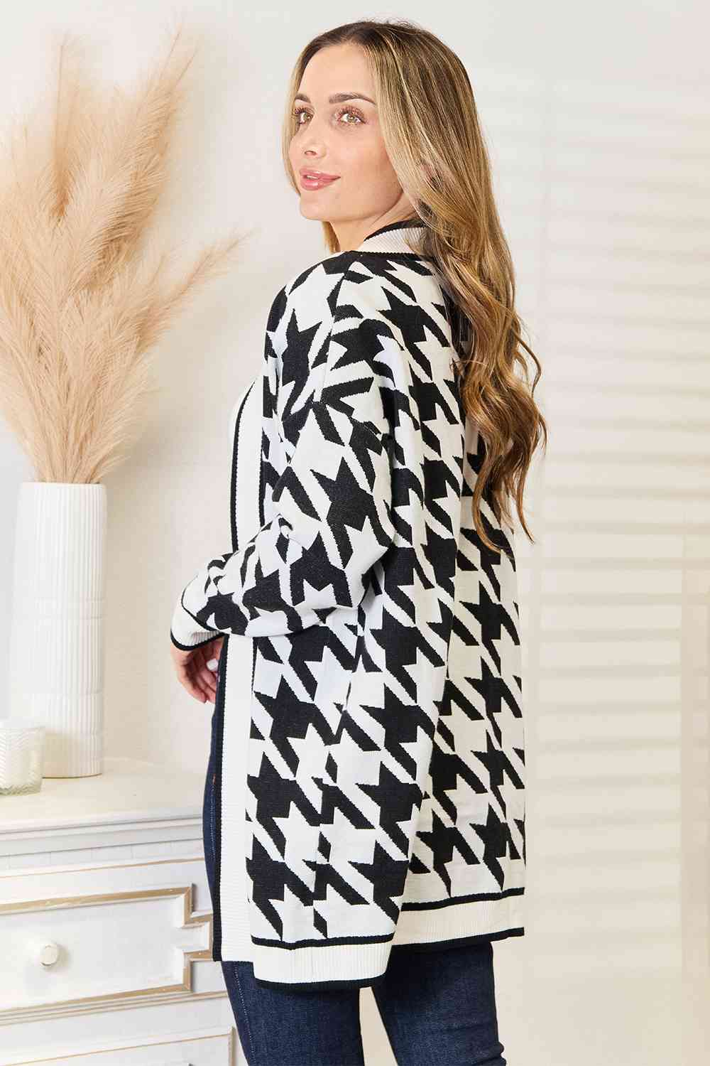 Woven Right Houndstooth Open Front Longline Cardigan *