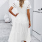 Smocked Round Neck Short Sleeve Midi Dress