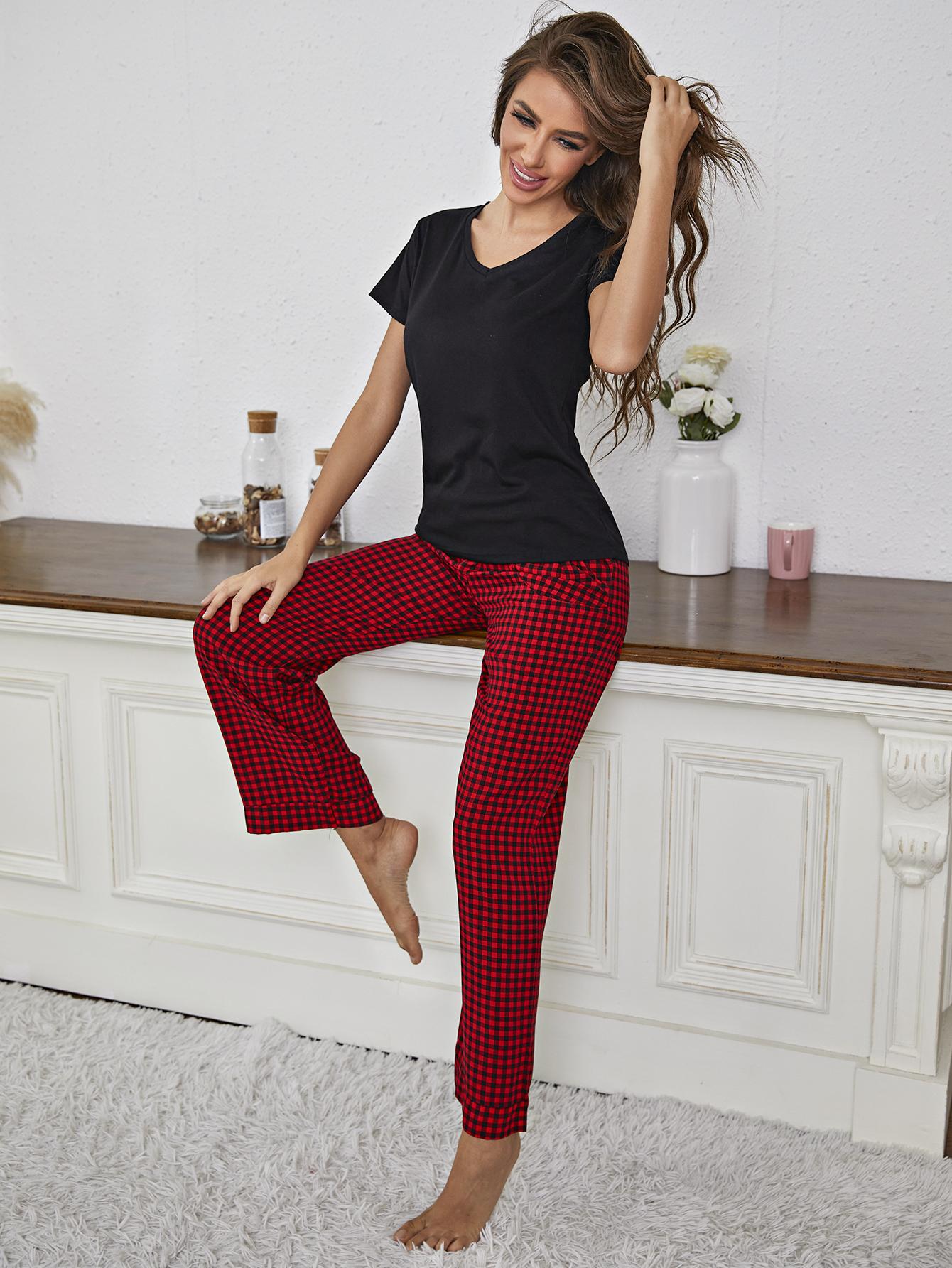 Full Size V-Neck Top and Gingham Pants Lounge Set