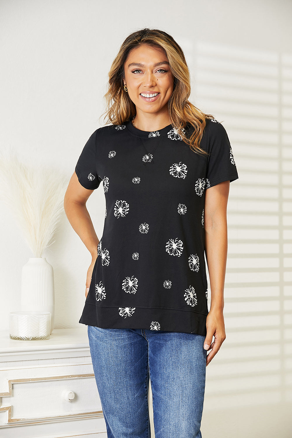 Double Take Black Full Size Dandelion Print Round Neck T-Shirt *