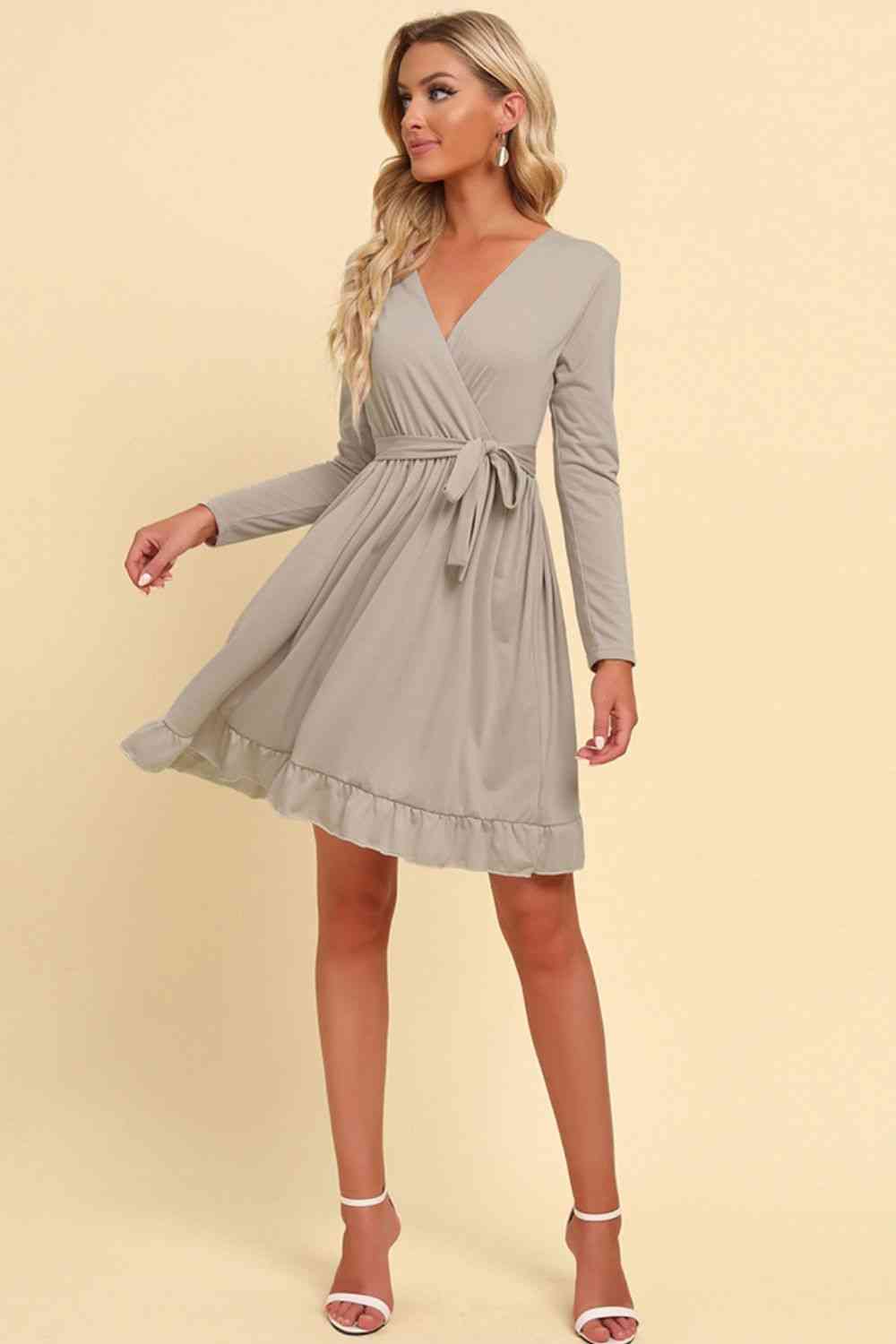 FULL SIZE Long Sleeve Tie Waist Ruffle Hem Dress