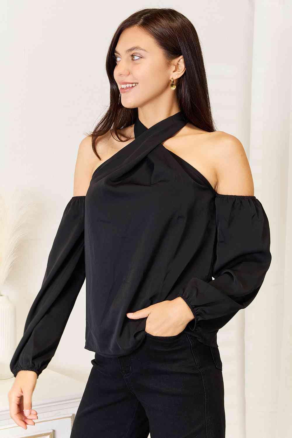 Double Take Grecian Cold Shoulder Long Sleeve Blouse *
