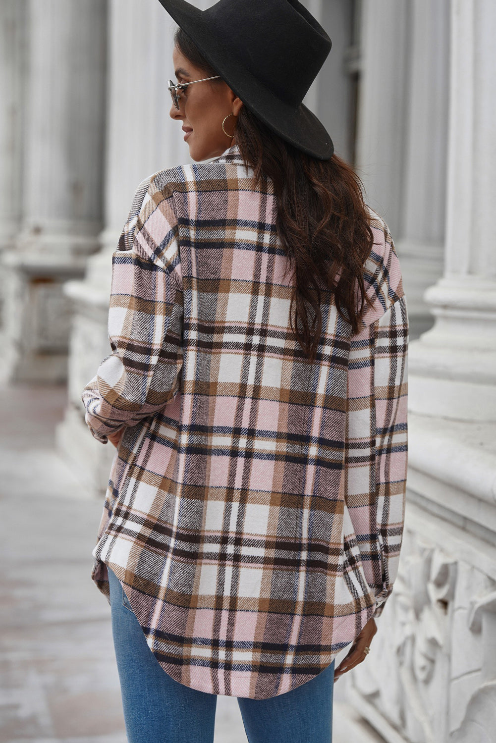 Aaarti&Destiny Full Size Plaid Curved Hem Dropped Shoulder Longline Shirt Jacket