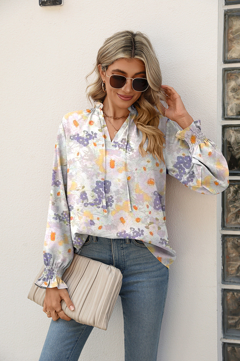 Full Size Printed Tie Neck Flounce Sleeve Blouse