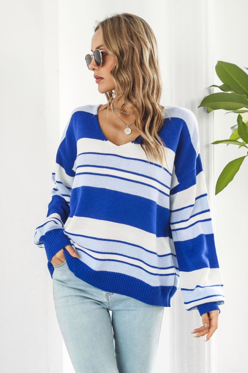 ZELDAlea Striped V-Neck Dropped Shoulder Sweater