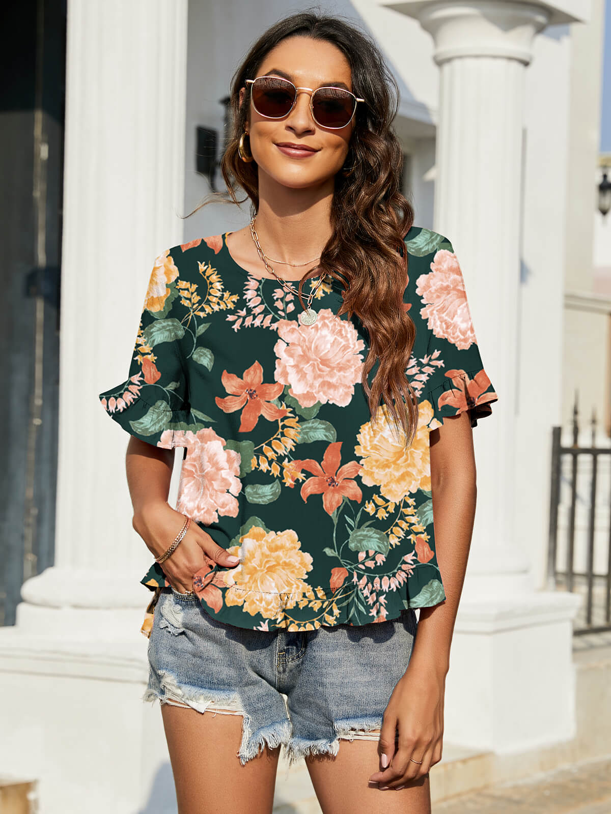 Women's Floral Ruffled Flounce Sleeve Blouse