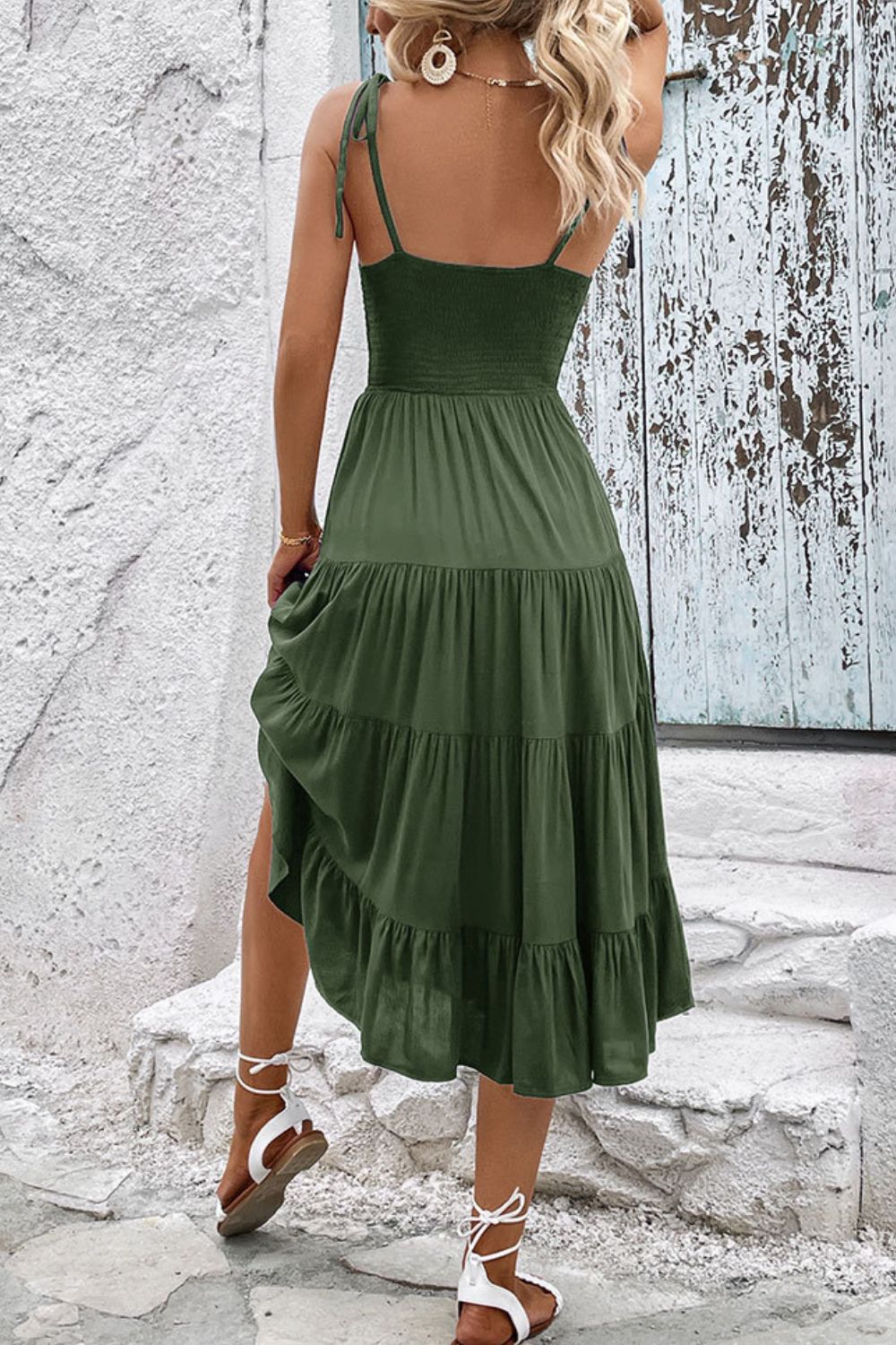 Women's Tie-Shoulder Tiered Midi Dress