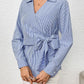 Bow Tie Waist Johnny Collar Neck Striped Blouse