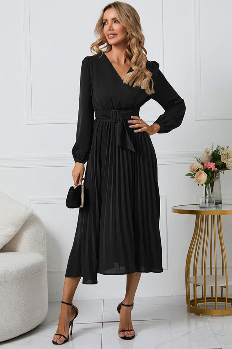 Full Size V-Neck Long Sleeve Tie Waist Midi Dress