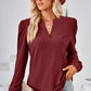 Ruched Notched Long Sleeve T-Shirt