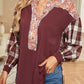 Plaid Notched Neck Slit Blouse