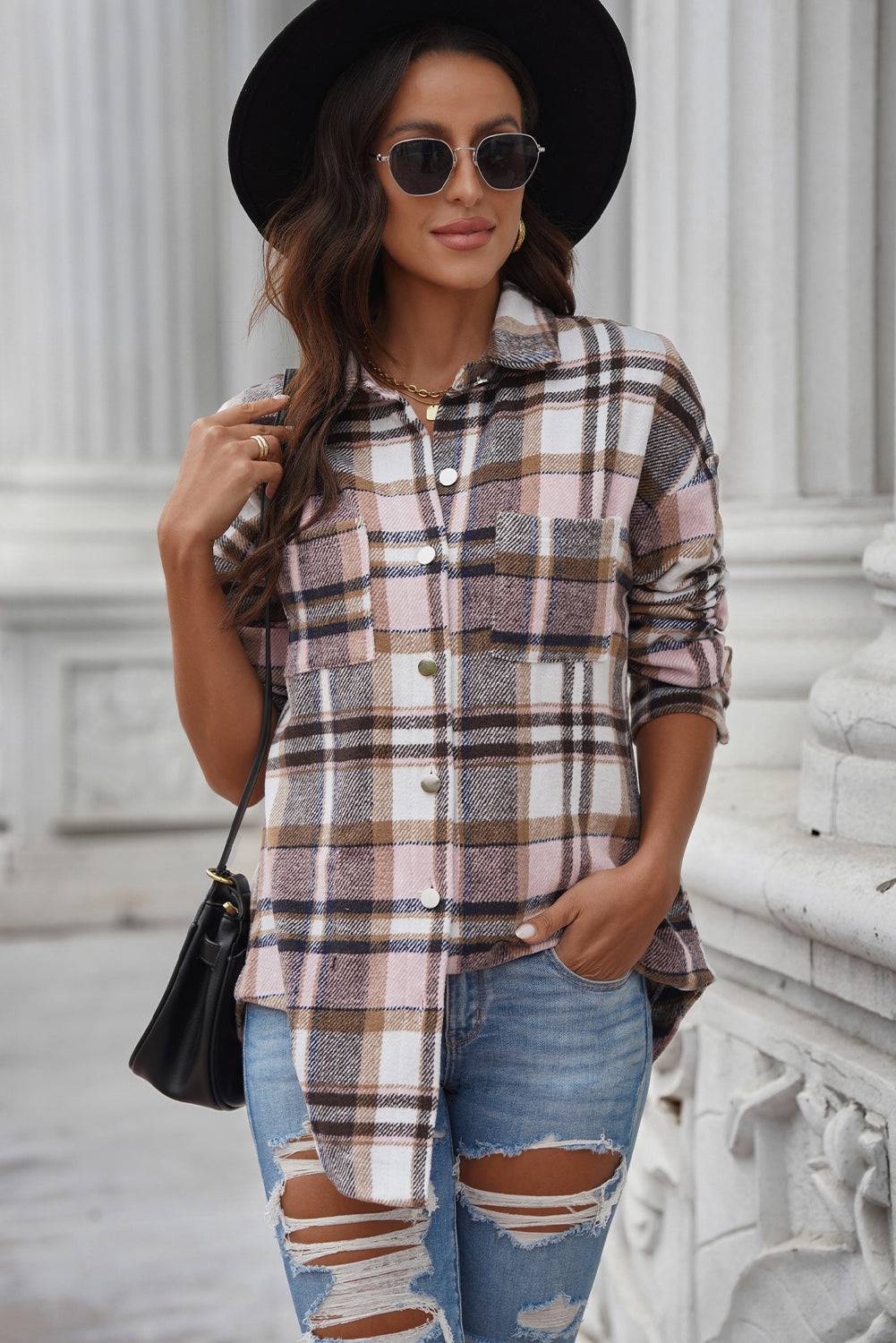 Aaarti&Destiny Full Size Plaid Curved Hem Dropped Shoulder Longline Shirt Jacket