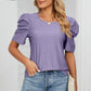 Eyelet Round Neck Puff Sleeve T-Shirt