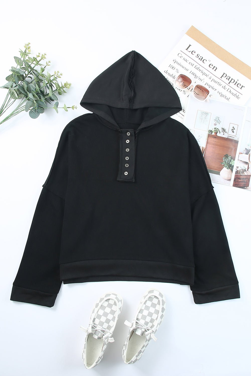 Malibu Dreams Quarter-Button Exposed Seam Dropped Shoulder Hoodie