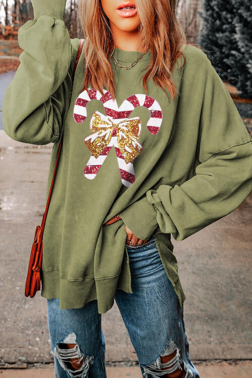 CHRISTMAS THEMED Sequin Candy Cane Round Neck Slit Sweatshirt