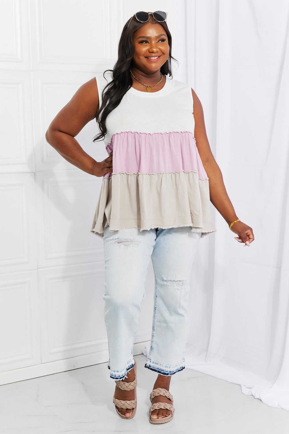 White Birch Full Size Watching the Sunset Color Block Baby doll Tank Top *