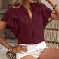 Ruffled Notched Short Sleeve Blouse