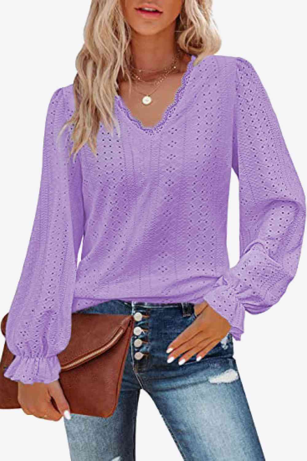 FULL SIZE Eyelet V-Neck Flounce Sleeve Blouse