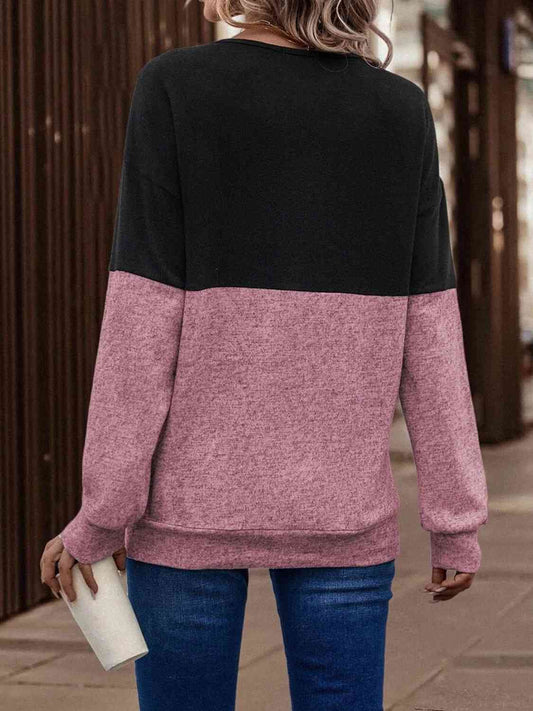 Full Size Two-Tone Crisscross Detail Sweatshirt