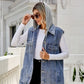 Drawstring Pocketed Button Up Sleeveless Denim Jacket