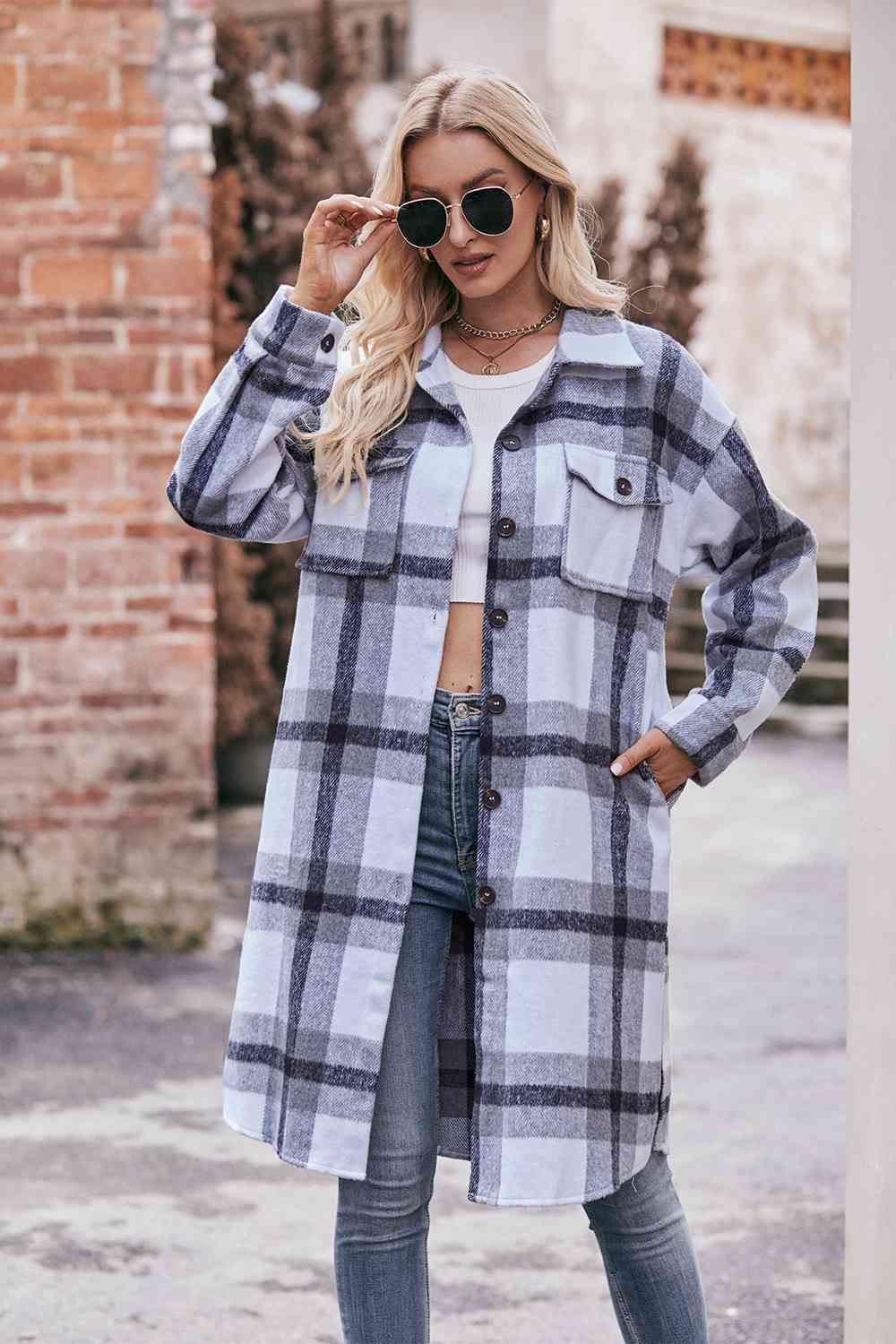 Full Size Plaid Dropped Shoulder Longline Jacket