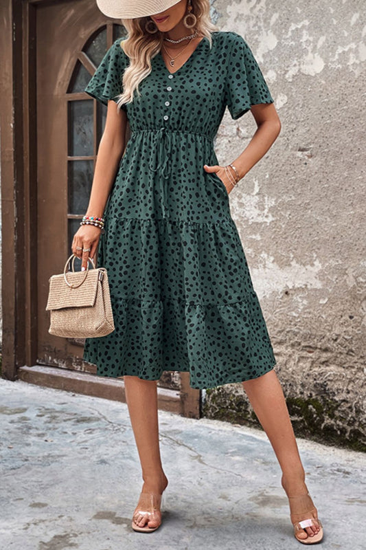 HANNAH Printed Buttoned V-Neck Flutter Sleeve Dress