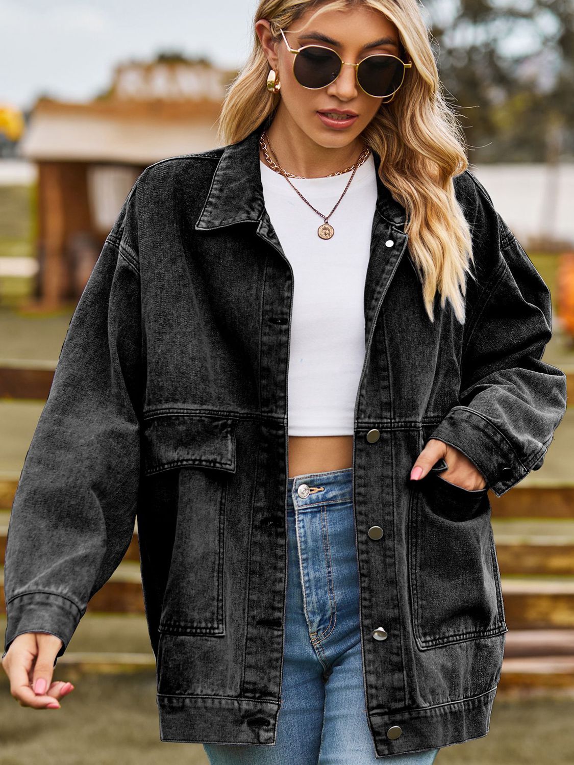 Outer Adventure Full Size Dropped Shoulder Denim Jacket with Pockets