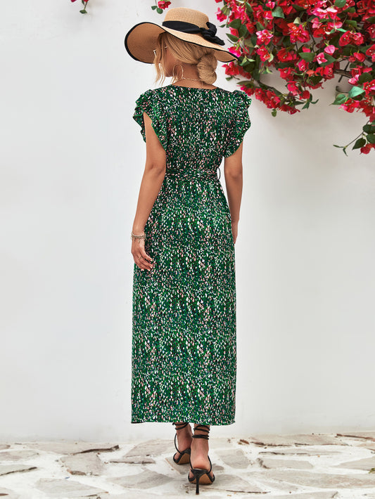 Aya Printed Surplice Neck Flutter Sleeve Slit Dress
