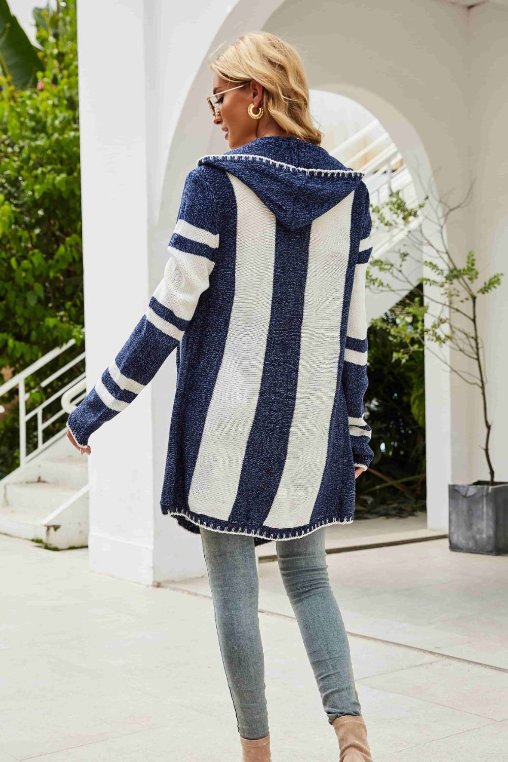 Women's Striped Open Front Hooded Cardigan