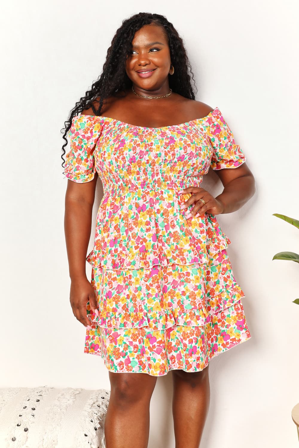 Double Take Strawberry Smocked Sweetheart Neck Flounce Sleeve Strawberry Mini Dress *
