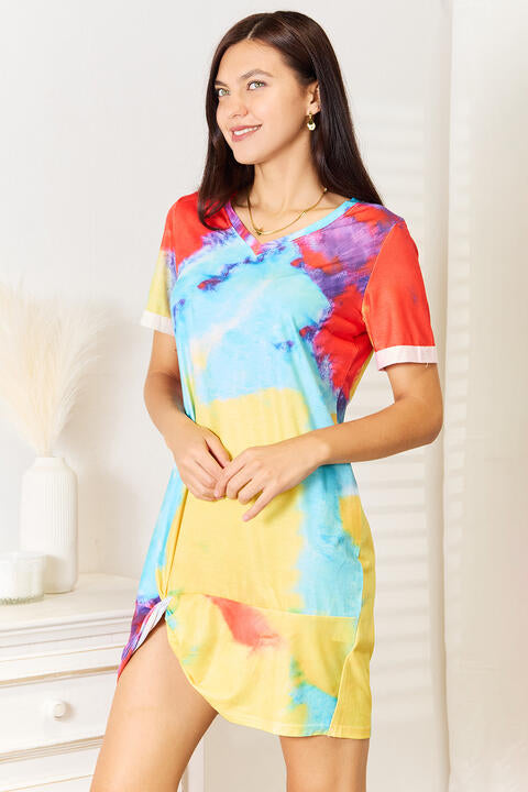 Double Take Tie-Dye V-Neck Twisted Dress *