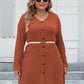 Plus Size Ribbed Buttoned V-Neck Long Sleeve Dress