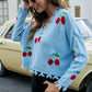 Cherry Pattern Frayed Trim V-Neck Sweater