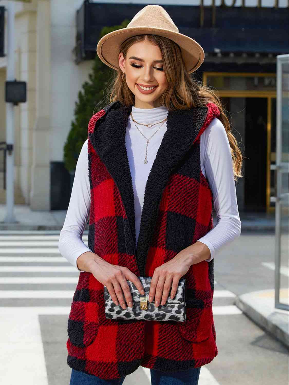 Deep Red Plaid Hooded Vest