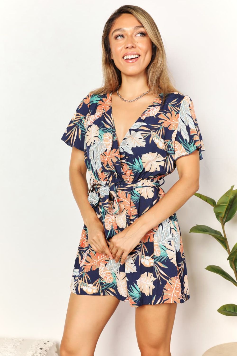 Double Take Botanical Print Surplice Neck Tie Waist Romper *
