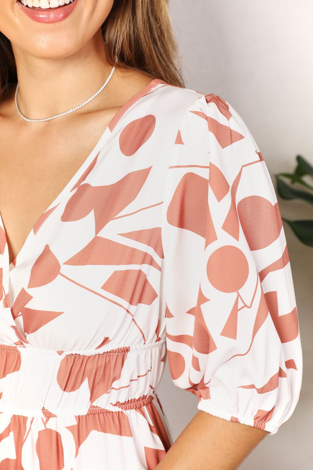 Double Take Camel Printed Surplice Balloon Sleeve Dress *