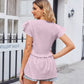 Full Size Buttoned V-Neck Ruffle Trim Top