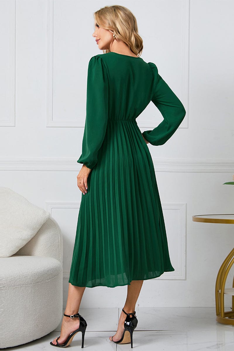 Full Size V-Neck Long Sleeve Tie Waist Midi Dress