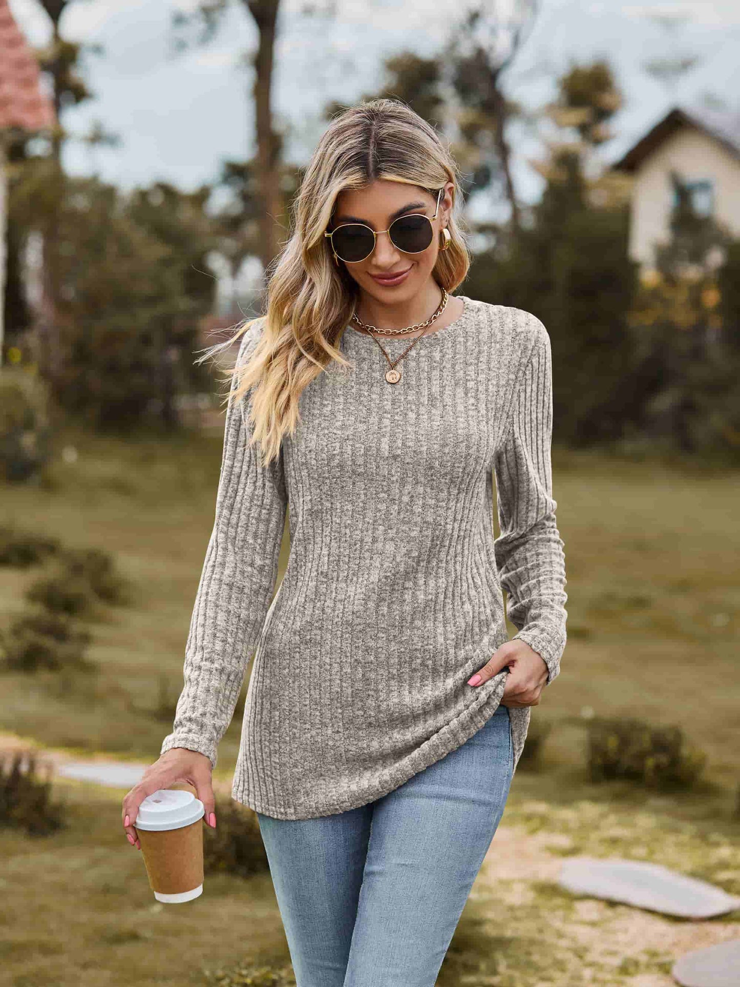 Full Size Ribbed Round Neck Long Sleeve Tee