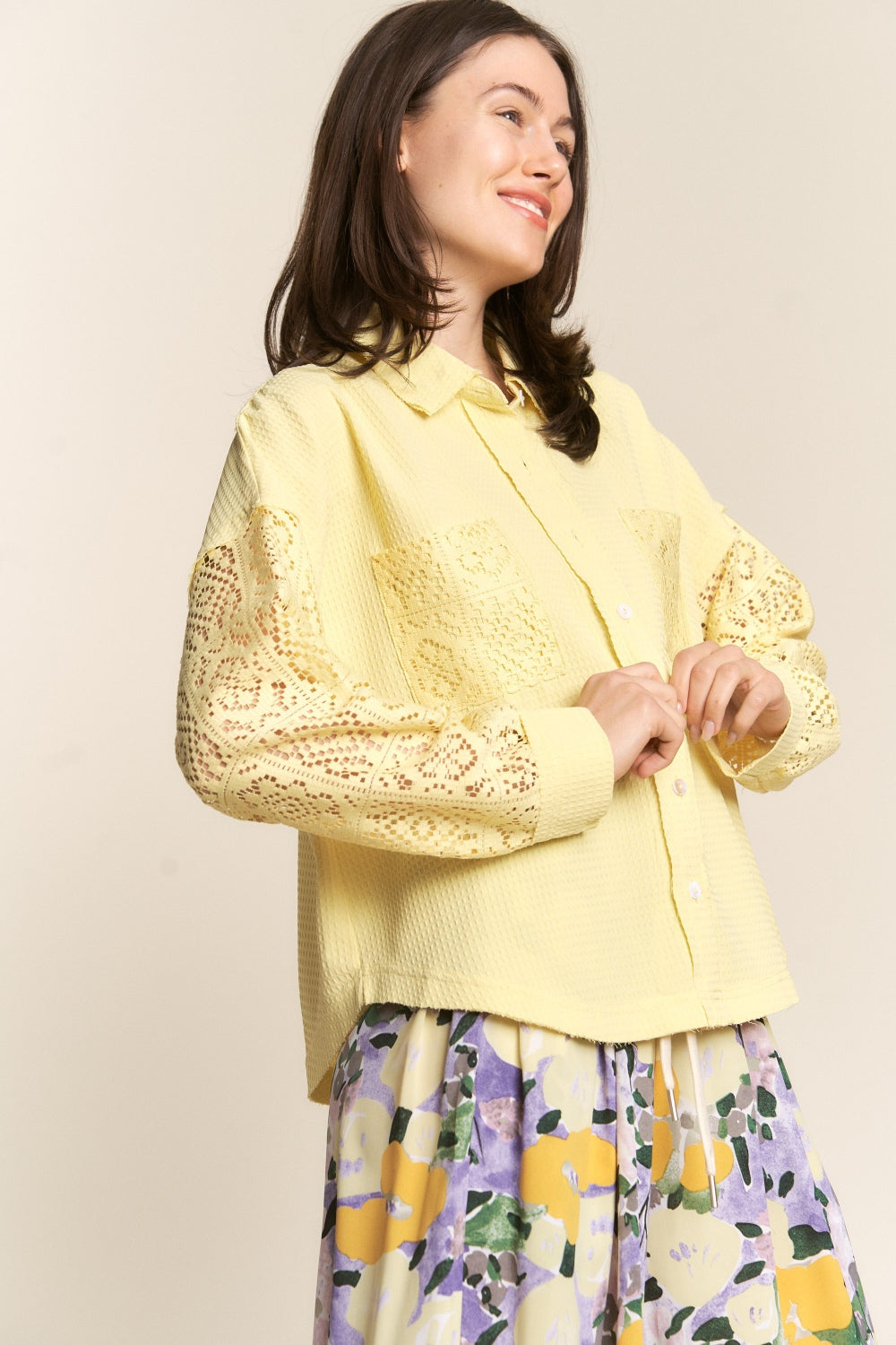 J.NNA Button Down Lace Long Sleeve Waffle Shirt *