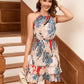 Full Size Printed Grecian Neck Smocked Mini Dress