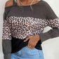 Leopard Print Color Block Cold  Shoulder Top